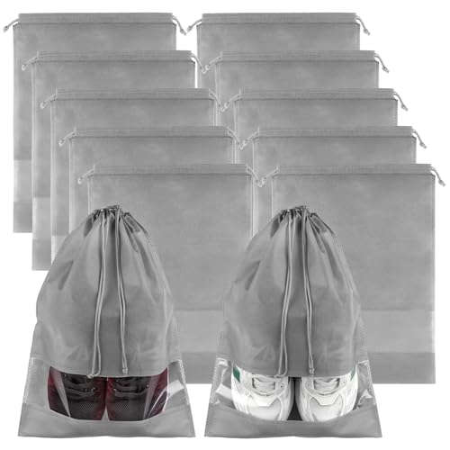 Grey Travel Shoe Bags - 10 Pcs Non-Woven Packing Bags with Clear Window - color: Grey, style: 10 Pack