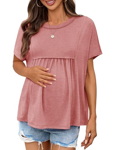 Tankaneo Womens Maternity Tops Batwing Short Sleeve Pregnancy T Shirts - color: Brick Red, size: X-Large