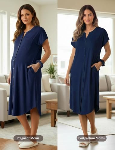 PATPAT Maternity Nursing Dress, Womens Button-Down Midi Dress with Pockets - color: Navy Blue, size: Large