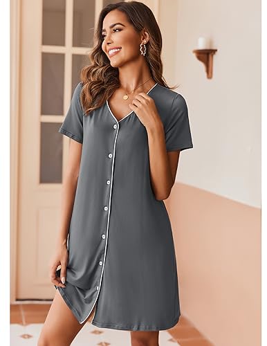Ekouaer Nightgowns for Women 2 Pack Night Gowns Button Down Sleep Shirts - color: Black/Grey, size: Medium