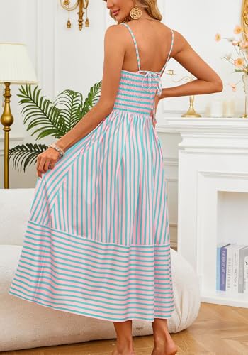 Fashionme 2026 Women Summer Boho Maxi Dresses Vacation Beach with Pockets - color: Blue Pink, size: Large