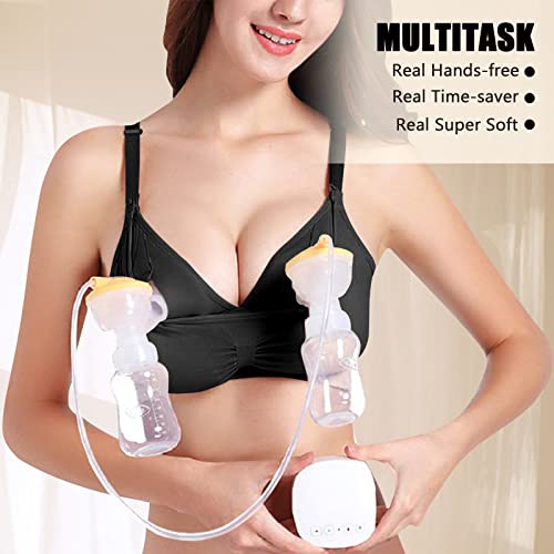 4HOW Pumping Bra Hands Free Nursing Pumping Bra All in One Wireless Padded Maternity Bralette for Large Bust - color: Black+black, size: Large