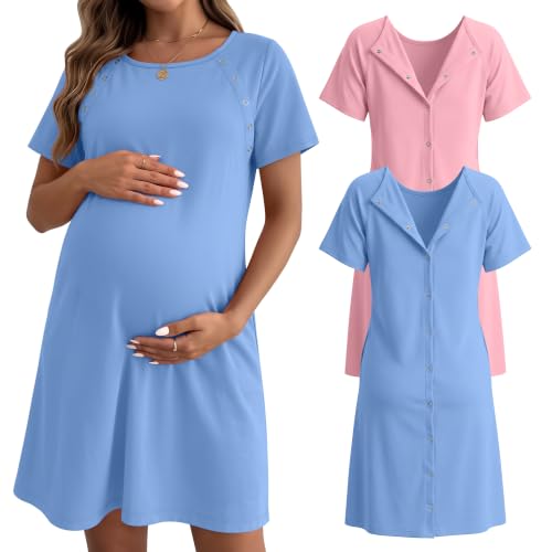 Huukeay 2 Pack Labor and Delivery Gown Maternity Hospital Dress - color: Pink, Sky Blue, size: Medium