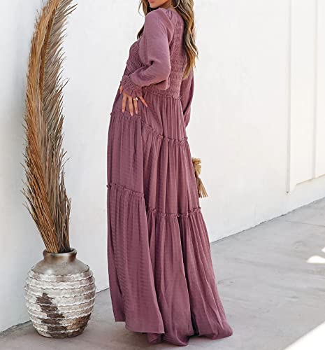 R.Vivimos Long Sleeve V Neck Flowy Maxi Dresses for Women - color: Darkrose, size: Small