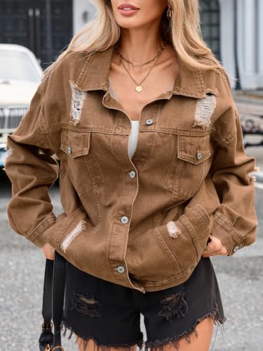LifeShe Women's oversized Jean Jacket distressed denim Coat with Pockets - color: Khaki, size: Small