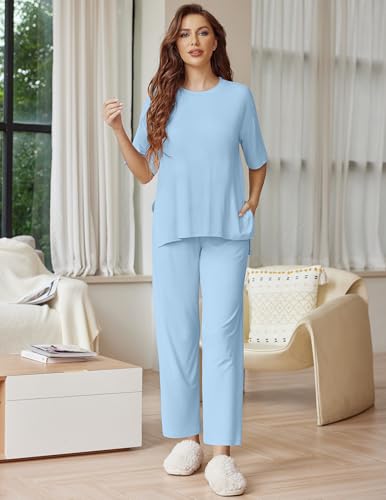 Ekouaer Lounge Sets for Women Soft Comfy Pajama Set 2 Piece Outfits - color: Clear Blue, size: XX-Large