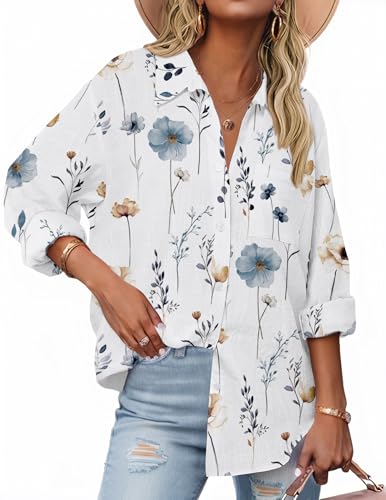 Zeagoo Womens Button Down Shirts Long Sleeve Casual Cotton Gauze Tops - color: Floral White, size: Medium