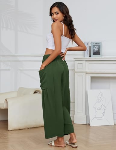 Flygo Women's Flowy Drawstring Wide Leg Pants with Side Pockets - color: Army Green, size: XX-Large