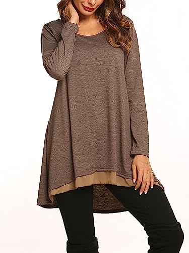 Poetsky Women's Long Sleeve Tunic Tops Layered Chiffon Hem Blouses Shirts - color: A-coffee, size: Medium