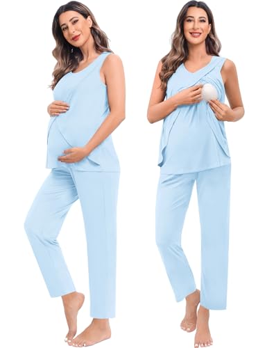 SWOMOG Maternity Nursing Robe Set 3 PCS Postpartum Breastfeeding Pajamas Hospital Pregnancy Pjs Double Layer Lounge Set - color: Baby Blue, size: Medium