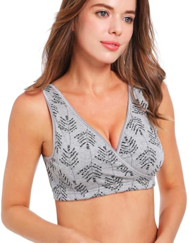 SUIEK 4 Pack Nursing Sleep Bra Maternity Bralette Cotton Breastfeeding Bras - color: Dark Grey/Gray/Grey Print/Navy Dot-4pcs, size: Large