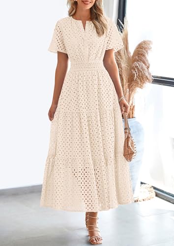 PRETTYGARDEN Women's Summer Hollow Out Eyelet Maxi Dress - color: Beige, size: Large