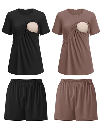 Ekouaer 2 Pack Nursing Pajamas Set Postpartum Outfits for Women - color: Black/Brown, size: X-Large