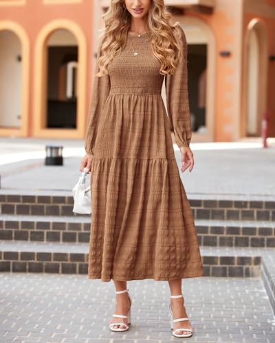 dowerme Women's Dresses 2026 Spring Puff Long Sleeve Crewneck Smocked Tiered Flowy A-Line Boho Wedding Party Maxi Dress - color: Khaki, size: Medium