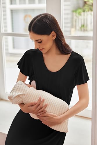 Nursing Nightgown Labor and Delivery Gow Breastfeeding Maternity Dress - color: Black, size: XX-Large