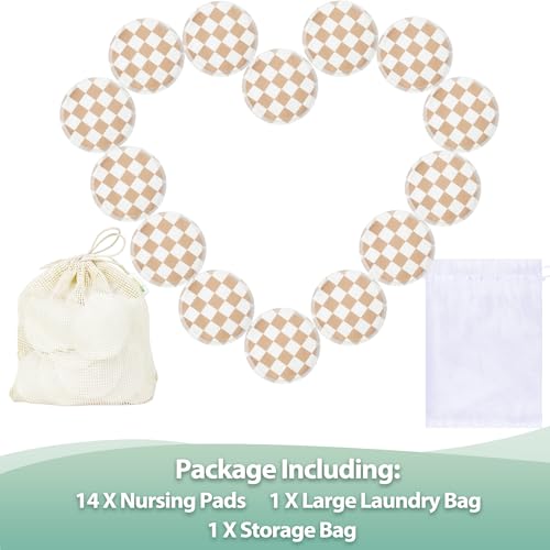 wegreeco Nursing Breast Pads (14 Pack) + Laundry Bag & Travel Storage Bag, 4.7 inch Option - Washable & Reusable Breastfeeding Nursing Pads (Light Coffee Checkerboard, Large, Plain Shape) - color: Light Coffee Checkerboard, Plain Shape, size: Large
