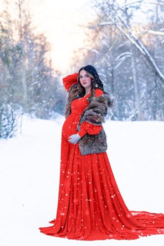 Long Sleeve Maternity Dress for Photoshoot Plus Size - color: 83 Red, size: Large