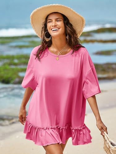 Tankaneo Womens Peplum Oversized Tshirt Summer Flowy Babydoll Tunic Tops - color: Pink, size: Medium