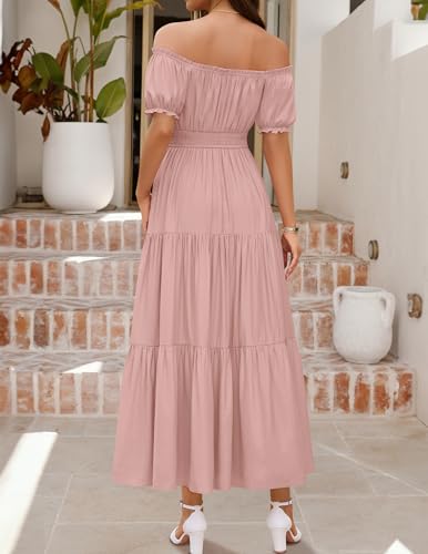 ZESICA Womens 2026 Summer Off Shoulder Boho Maxi Dress - color: Pink, size: X-Large