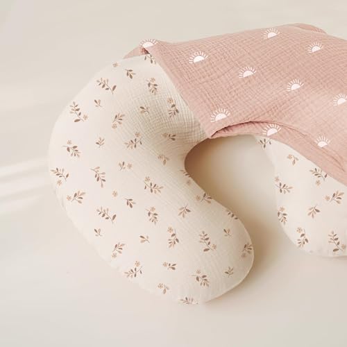 Konssy 2-Pack 100% Cotton Muslin Nursing Pillow Covers, Soft Cover for Baby - color: Brown Leaf, Pink Sun