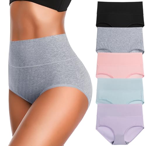 Women's High Waist Cotton Underwear Super Stretchy Briefs Full Coverage Panties Soft Women Panties 5-Pack - color: Light-5pack, size: X-Small-Small