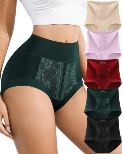 Annenmy Womens Cotton High Waisted Underwear Full Coverage Lace Panties Scalloped Edge Briefs 5 Pack Regular & Plus Size - color: Multicolor-b, size: Large