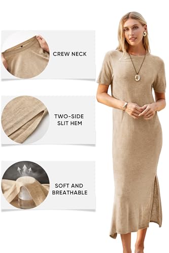 Arach&Cloz Women's Wool Blend Fall Business Casual T Shirts Maxi Dress - color: Kahki, size: X-Large