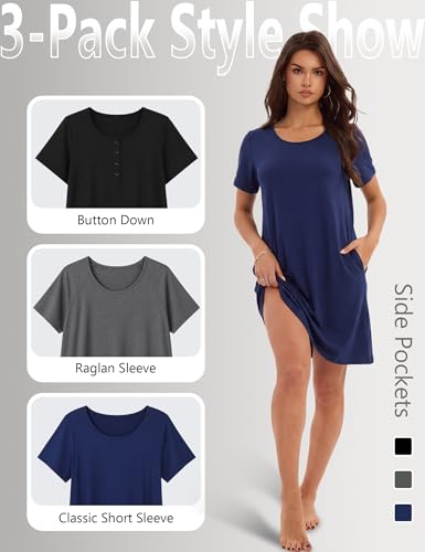 3 Pack Nightgowns for Women Sleep Shirts Pajama Dress with Pockets - color: Set E, size: X-Large