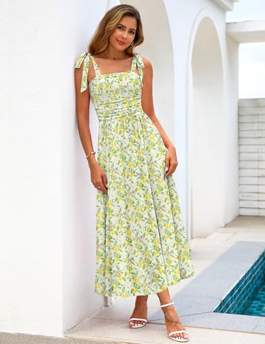 Zattcas Womens 2026 Summer Tie Shoulder Floral Maxi Dress with Pockets - color: Lemon, size: Medium