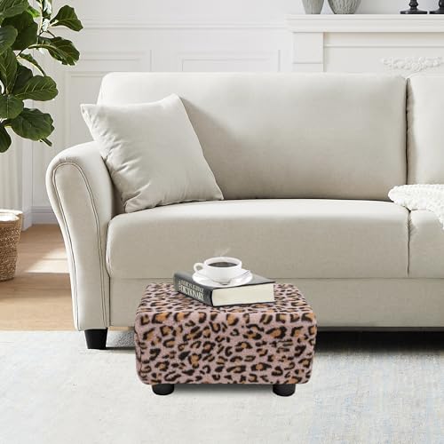CAROLMADE Small Foot Stool Ottoman Footstool with Legs Under Desk Footrest for Living Room Bedroom and Office, Faux Fur Pink - color: Leopard Print Pink