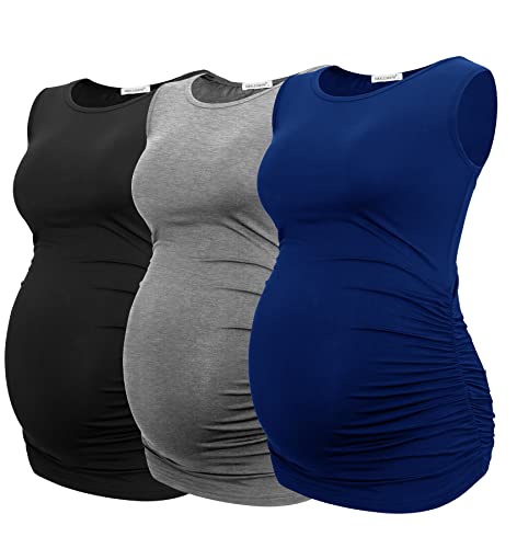 Smallshow Women's Maternity Tank Tops Sleeveless Ruched Pregnancy Clothes 3-Pack - color: Black/Light Grey/Navy, size: Medium