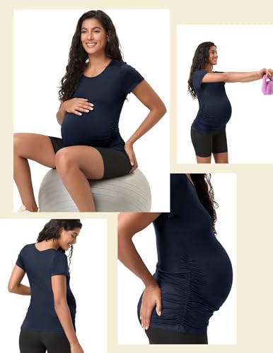 Happy.angel Women's Maternity Shirts Short Sleeve Pregnancy Top Tees - color: Navy Blue, size: Large