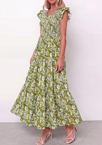 PRETTYGARDEN Women's Smocked Boho Floral Maxi Dress - color: Army Green, size: Medium