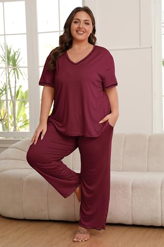 Vozanet Women's Plus Size Pajama Sets Short Sleeve Long Pants Solid Color with Piping Trim Elegant Loungewear Cozy Sleepwear - color: Wine Red, size: 4X-Large