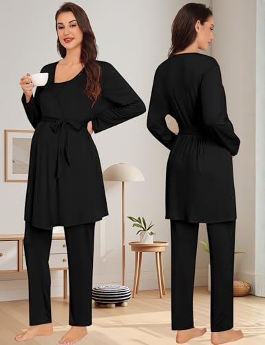 SWOMOG Maternity Pajamas Set 3 PCS Nusing Pajamas Labor and Delivery Gown & Camisole & Pants Postpartum Pjs - color: Black, size: Small