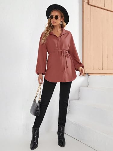 MakeMeChic Women's Maternity Blouse Long Sleeve Belted Button Down Tops - color: Redwood, size: XX-Large