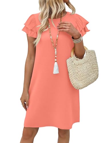 OFEEFAN Womens Summer Dresses 2026 Ruffle Sleeve Round Neck Loose Swing Sundresses with Pockets Plain/Print - color: Plain Pink, size: Large