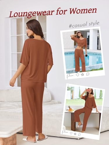 Ekouaer Lounge Sets for Women Comfy Pajamas Set 2 Piece Outfits - color: Camel, size: XX-Large