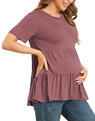 Xpenyo Women's Maternity T Shirts Short Sleeve Tiered Basic Casual Pregnancy Top - color: Mauve, size: Small