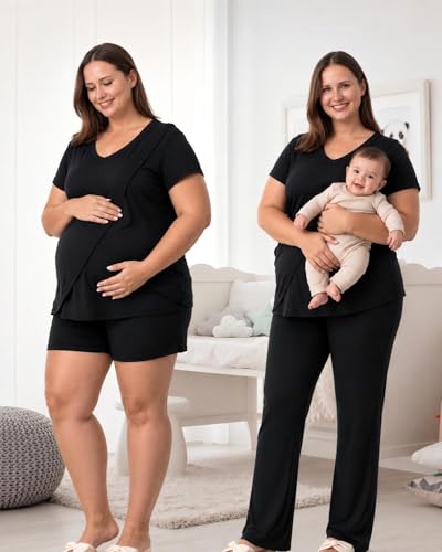 Rnxrbb 3 PCS Women Nursing Pajamas Set Postpartum Maternity Pj with Pockets - color: Black, size: Medium