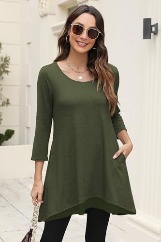 Poetsky Womens 3/4 Sleeve Tunic Tops for Leggings Long Shirts with Pockets - color: Army Green, size: Medium