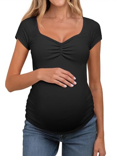 Tankaneo Womens Vneck Maternity Tops Cap Sleeve Fit Ribbed Pregnancy Tshirt - color: Black, size: Medium