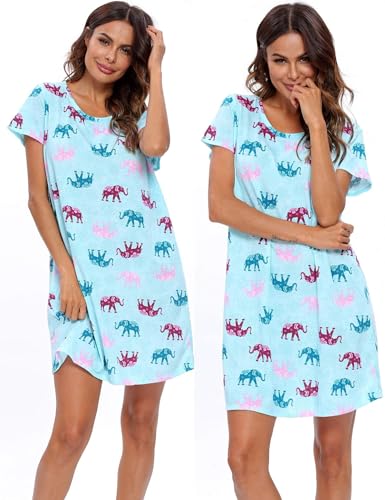 ENJOYNIGHT Womens Nightgown Cotton Sleep Shirt Short Sleeve Nightshirt - color: Blue Elephant, size: Medium