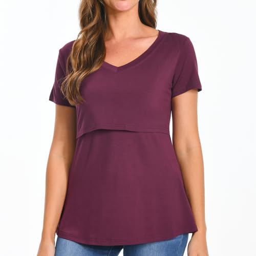 Bearsland Womens 3 Packs V Neck Nursing Tops Maternity Breastfeeding Tee Shirts - color: Red+blue+green(3pcs), size: Medium