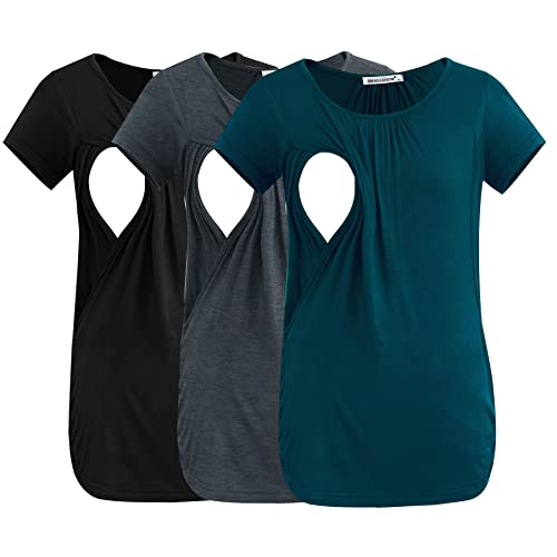 Smallshow Women's Nursing Tops Ruched Short Sleeve Breastfeeding Shirts 3-Pack - color: Black-deep Grey-teal, size: Small