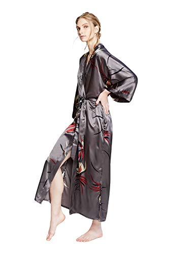 OLDSHANGHAI Satin Long Kimono Robe for Women - color: Hana - Gunmetal