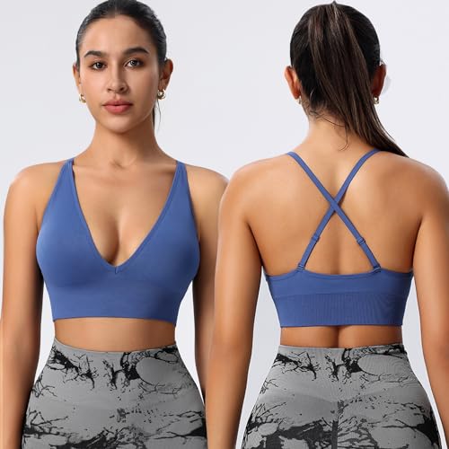 Women's V Neck Sports Bras, Adjustable Seamless Wireless Padded Bralettes - color: Black Pink Navy-blue 3 Pack, size: Small