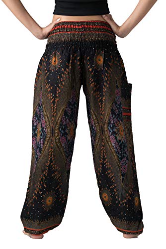 B BANGKOK PANTS Boho Harem Pants Women - color: Black Peacockeye, size: 16-20 Plus Extra Long