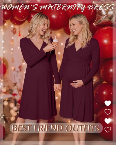 Locoowai Maternity Wrap Long Sleeve Dress V Neck Fall Dress - color: Burgundy, size: Medium