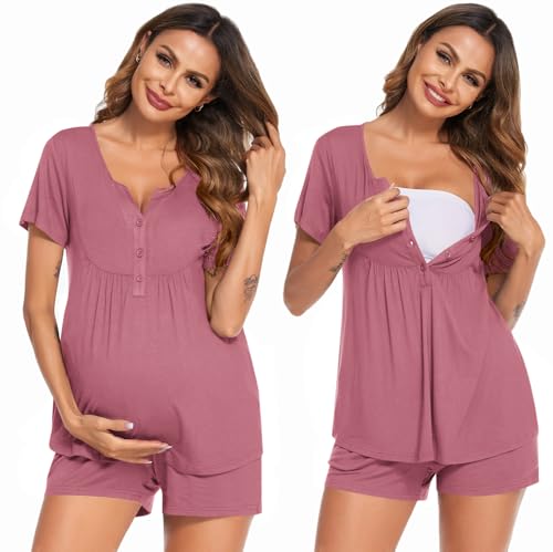 Ekouaer Women Maternity Nursing Pajama Sets Short Sleeve Postpartum Pajamas - color: Grey Red, size: X-Large